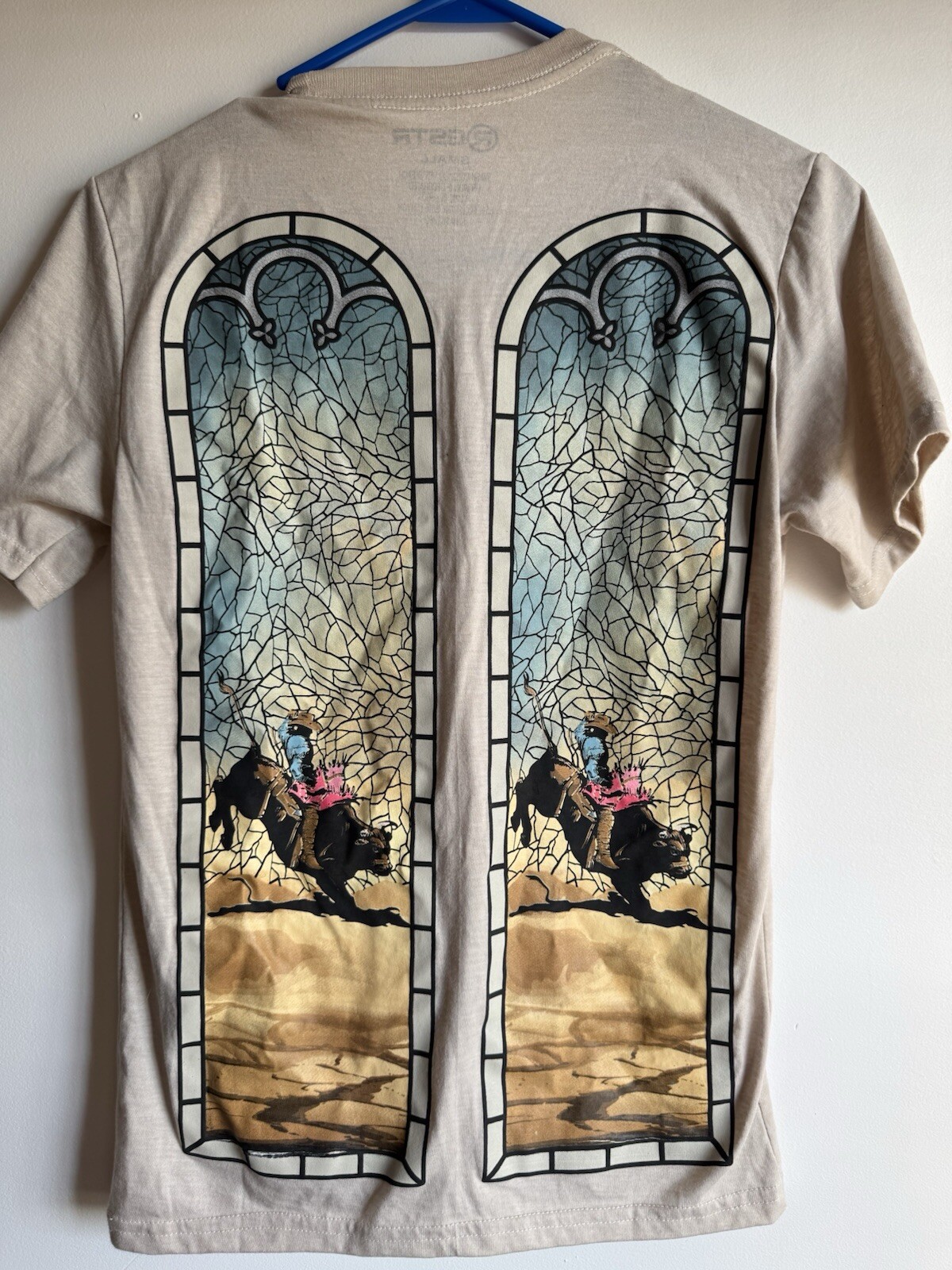 RGSTR Men’s Small Graphic Tshirt Bull Riding Stain Glass Tan