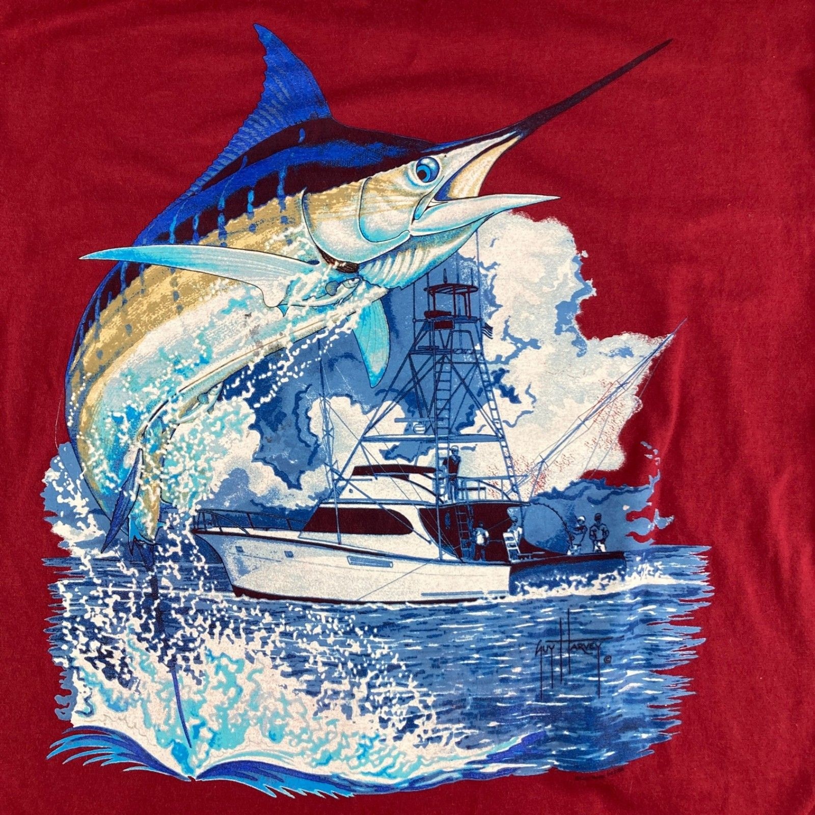 Guy Harvey Marlin Fishing Pocket T-Shirt Mens Large Red Offshore Boat