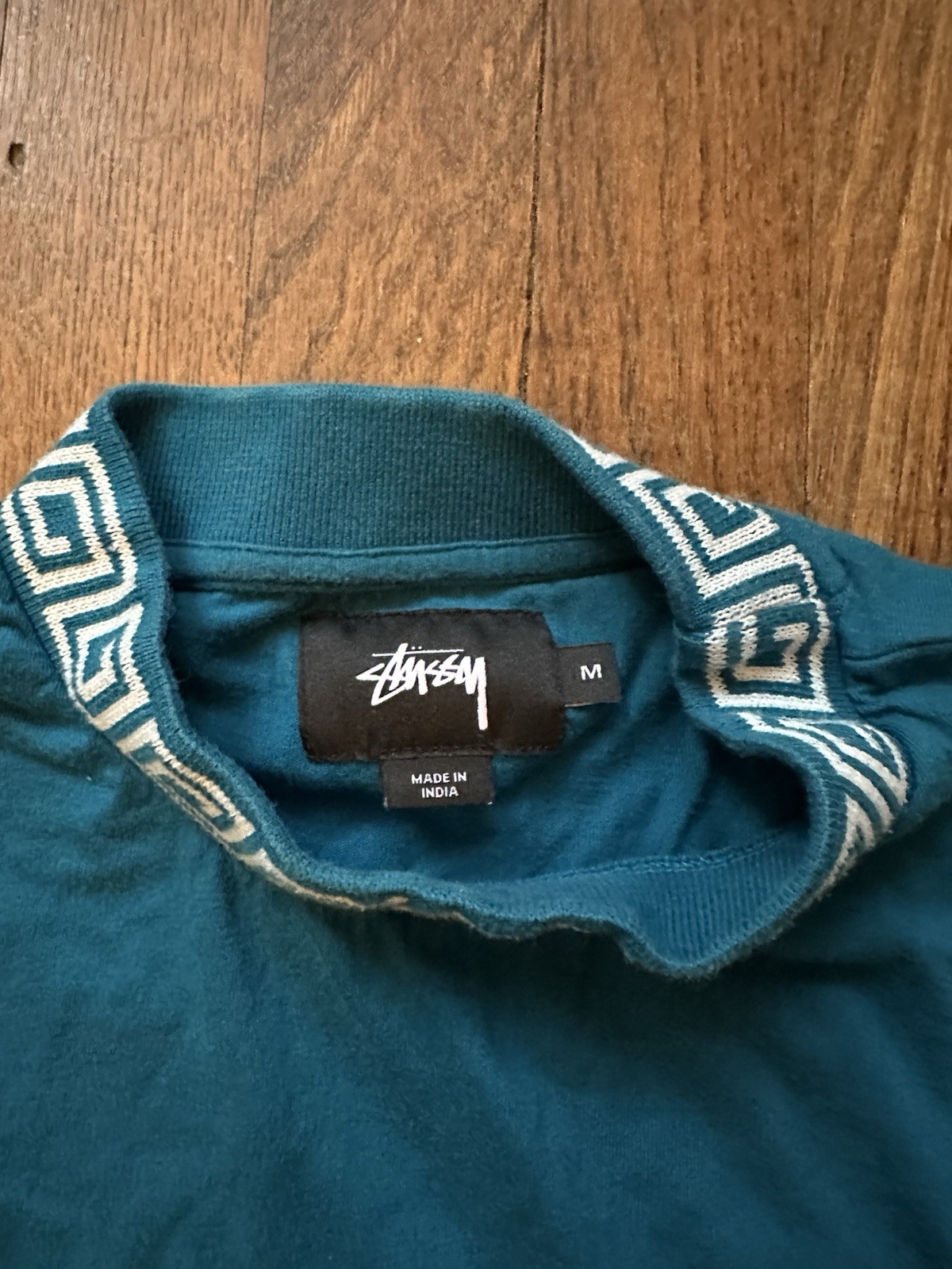 Stussy Men’s Mock neck Long Sleeve Shirt SzM Teal Green Patterned Collar/Cuff gallery