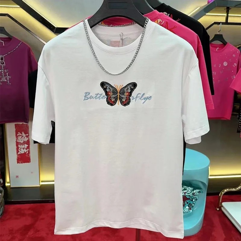 Luxury Butterfly Embroidery Cotton T-Shirt Heavy Texture Loose Fit Casual Tee gallery
