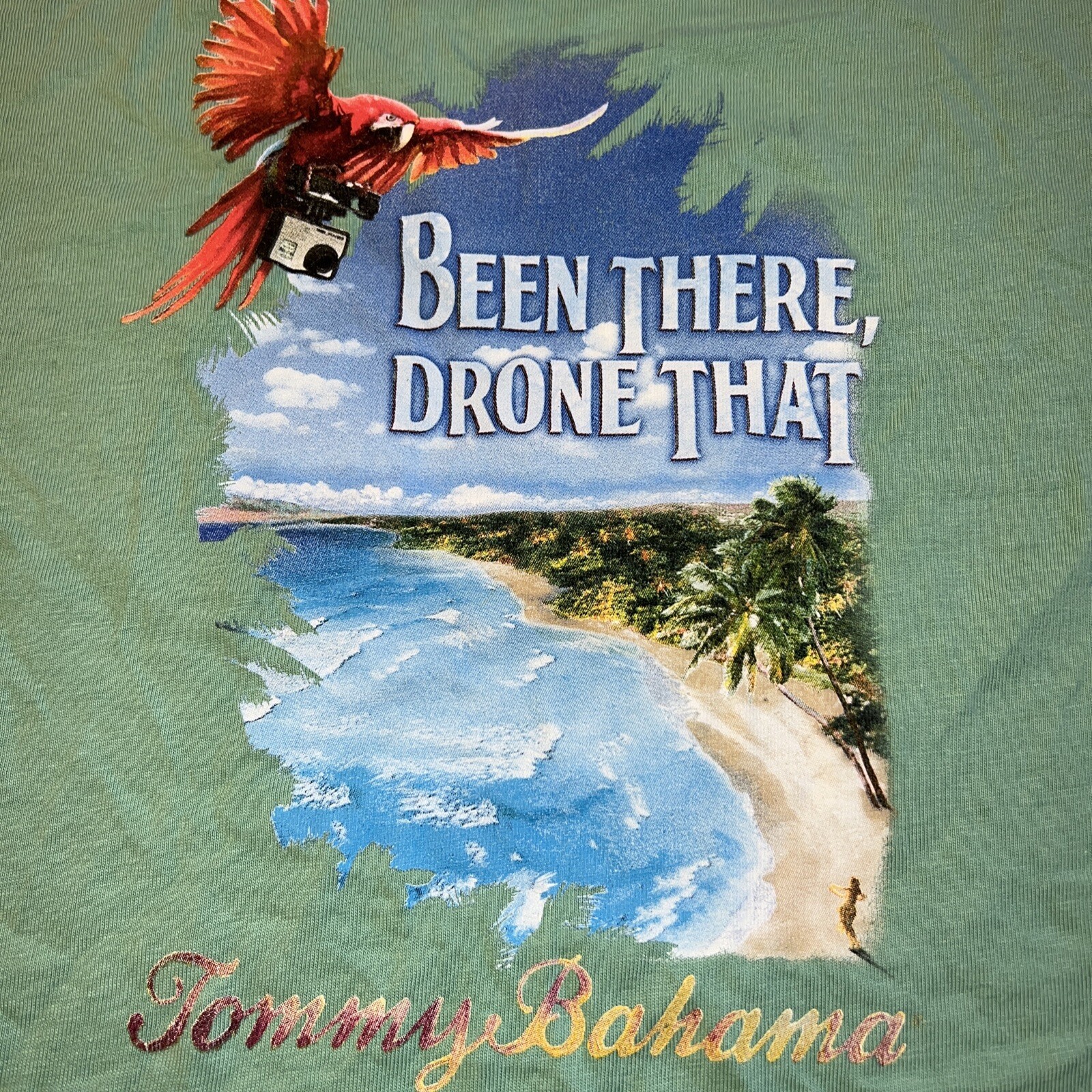 Vintage Tommy Bahama ‘Been There, Drone That’ Parrot w GoPro On Beach Shirt Med gallery