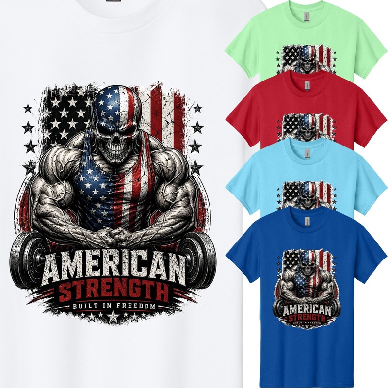American Flag Skull Gym Men’s T-Shirt Muscle Bodybuilder Patriotic Graphic Tee