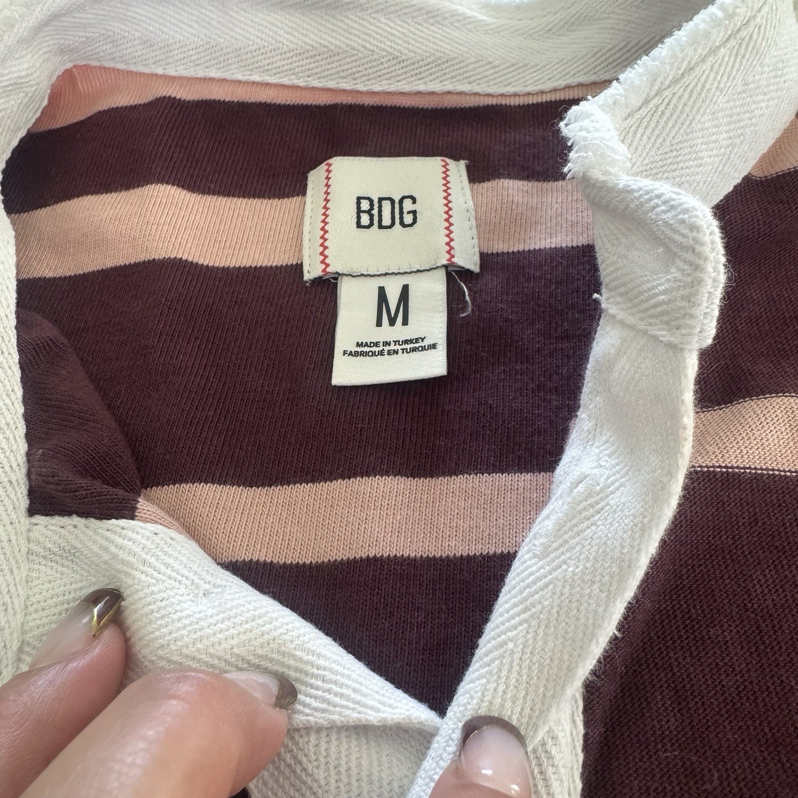 BDG Men's T shirt Size Medium Long Sleeve Striped Knit Cotton Purple Pink White gallery
