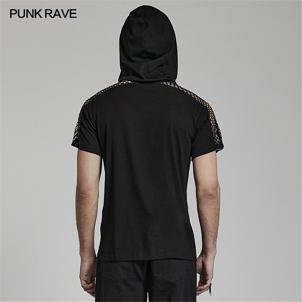 Punk Rave Black Slim Mesh Splicing Tops Sexy Knitted Hooded Cotton Men T-Shirt gallery