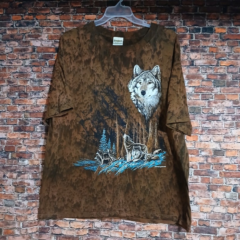 Ragtops – Brown Dyed T-shirt – Wolves – Short Sleeve Shirt – Size L – Made USA.