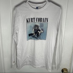 H&M Men’s S White Kurt Cobain Graphic Crew Neck Long Sleeve Double-Sided T-Shirt