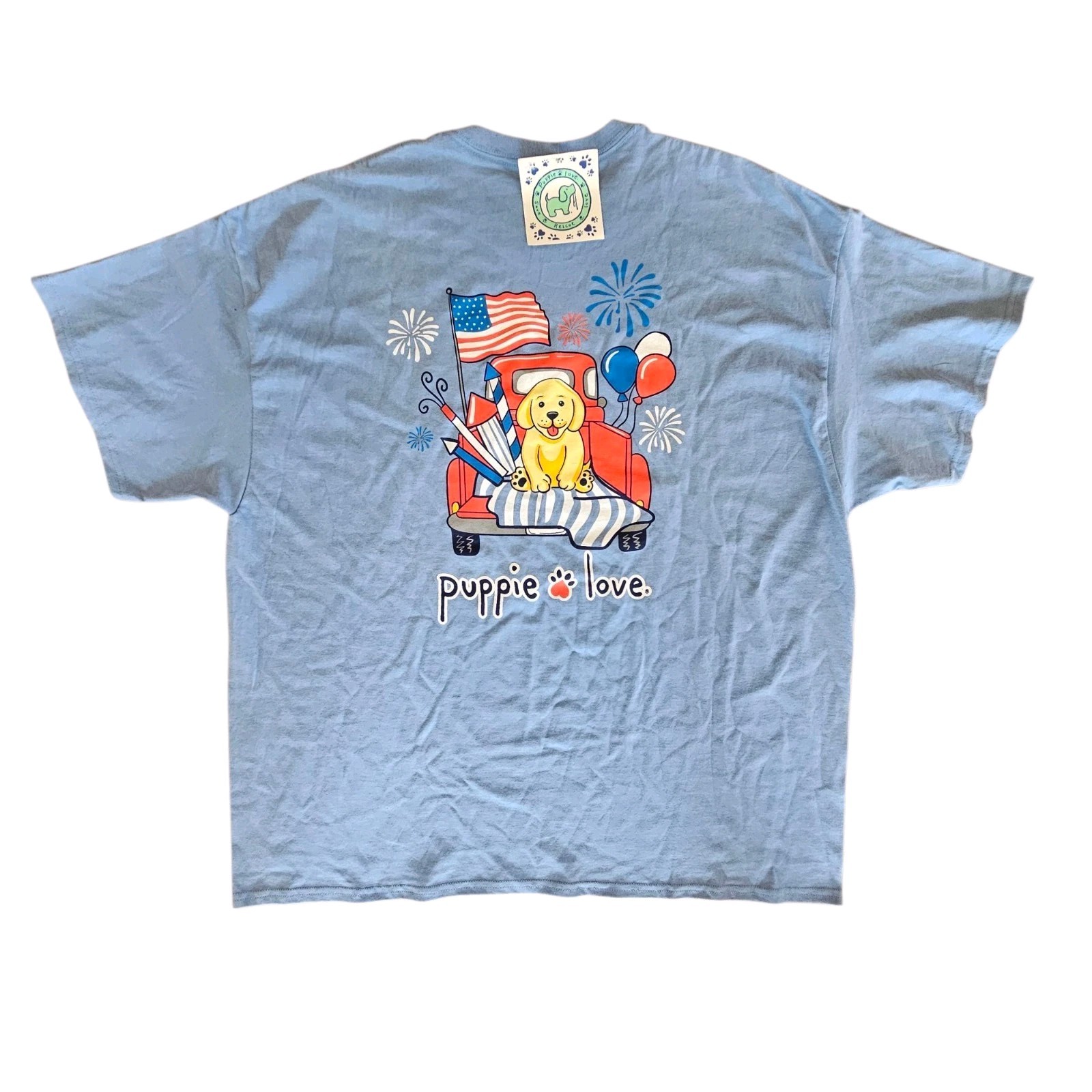 New PUPPIE LOVE Patriotic T SHIRT UNISEX 2XL July 4th Pickup Fireworks Flag Dog