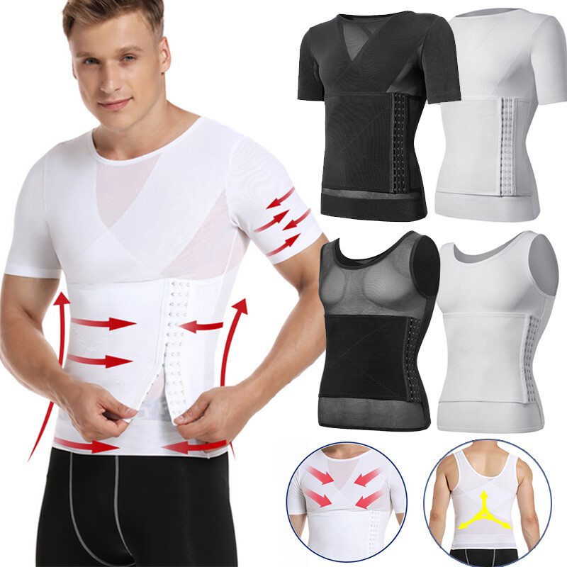 Men’ Slimming Body Shaper Compression Shapewear T-Shirt with Side Hook Slim Vest
