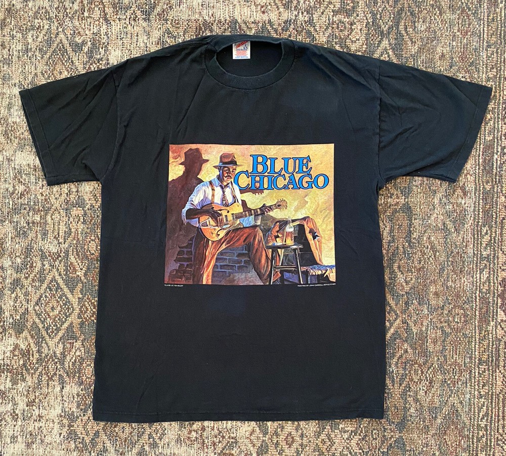 VTG Blue Chicago John Carroll Doyle 1994 Art T Shirt 90s SZ L Jazz Blues Music