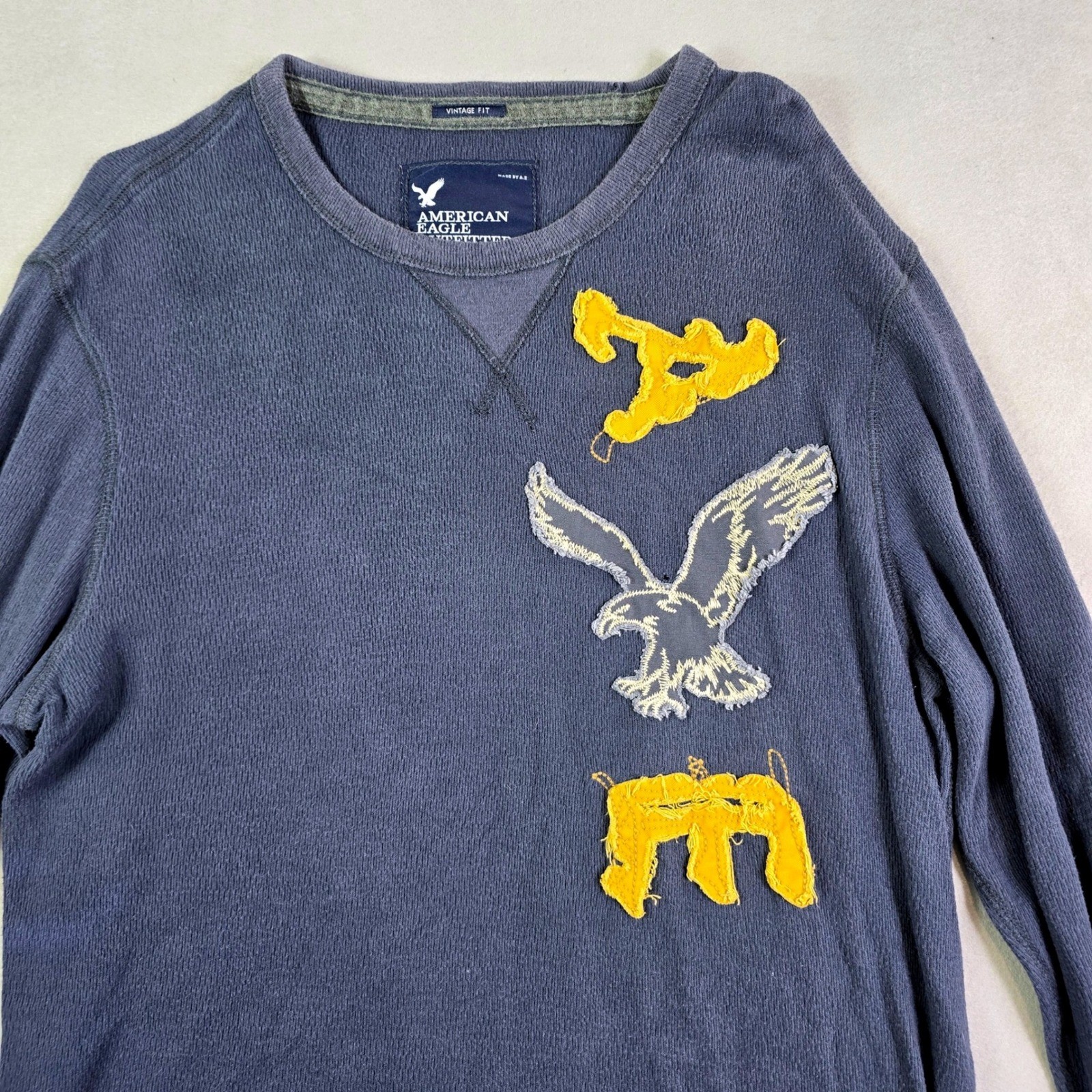 American Eagle Thermal Shirt Mens XL Blue Long Sleeve Waffle Knit Eagle Logo Y2K gallery