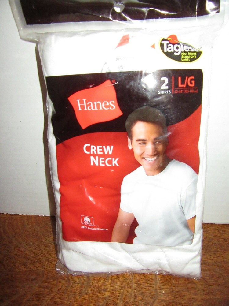 New 2005 Hanes 2 Crew Neck Tagless White Tee T-Shirts L 42-44 NIP