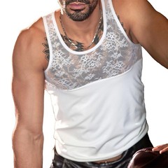 Men’s Tight Fitting Patchwork Leather Mesh Vest Sexy Nightclub Shaping Tank Tops