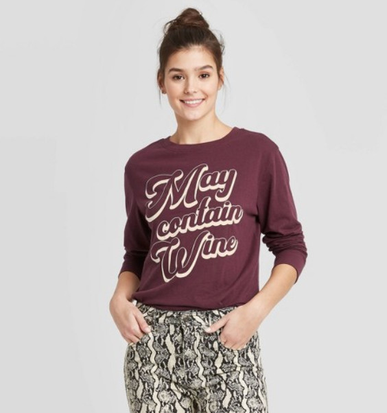 Fall Winter Long Sleeve Casual Layering Graphic T Shirt Burgundy Zoe & Liv NWT