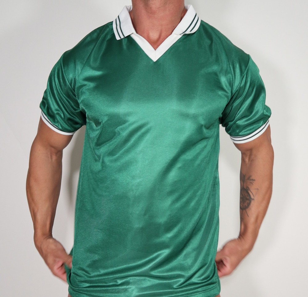 MEN’S DARK GREEN SHINY COLLARED SOCCER SHIRT ADULT LG.