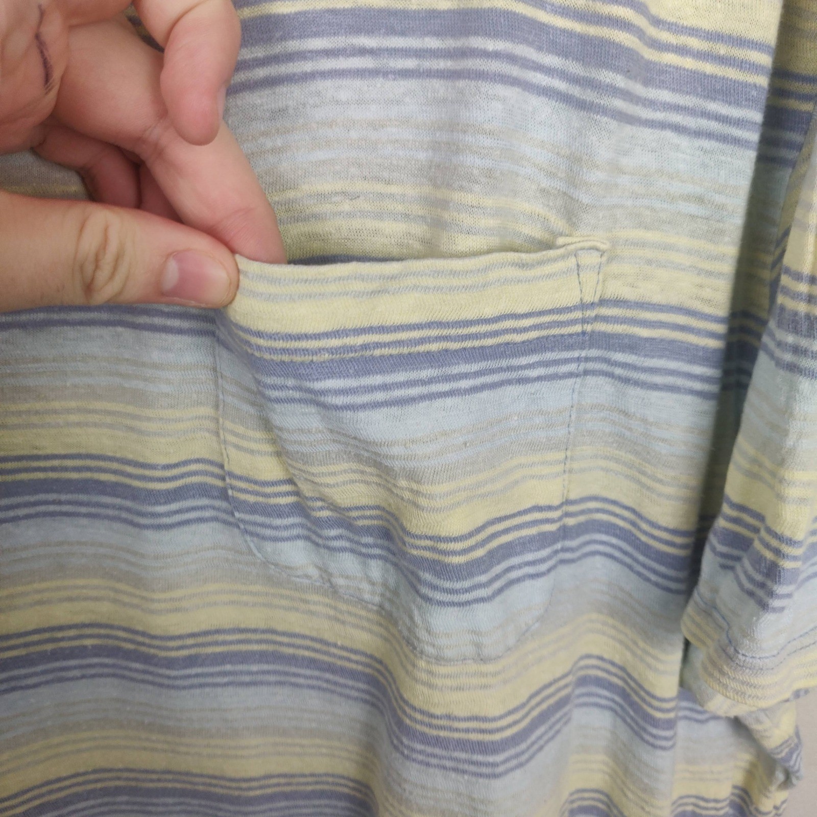 Patagonia Trail Harbor Pocket Tee Mens XXL Pale Yellow Blue Stripe Hemp Cotton gallery