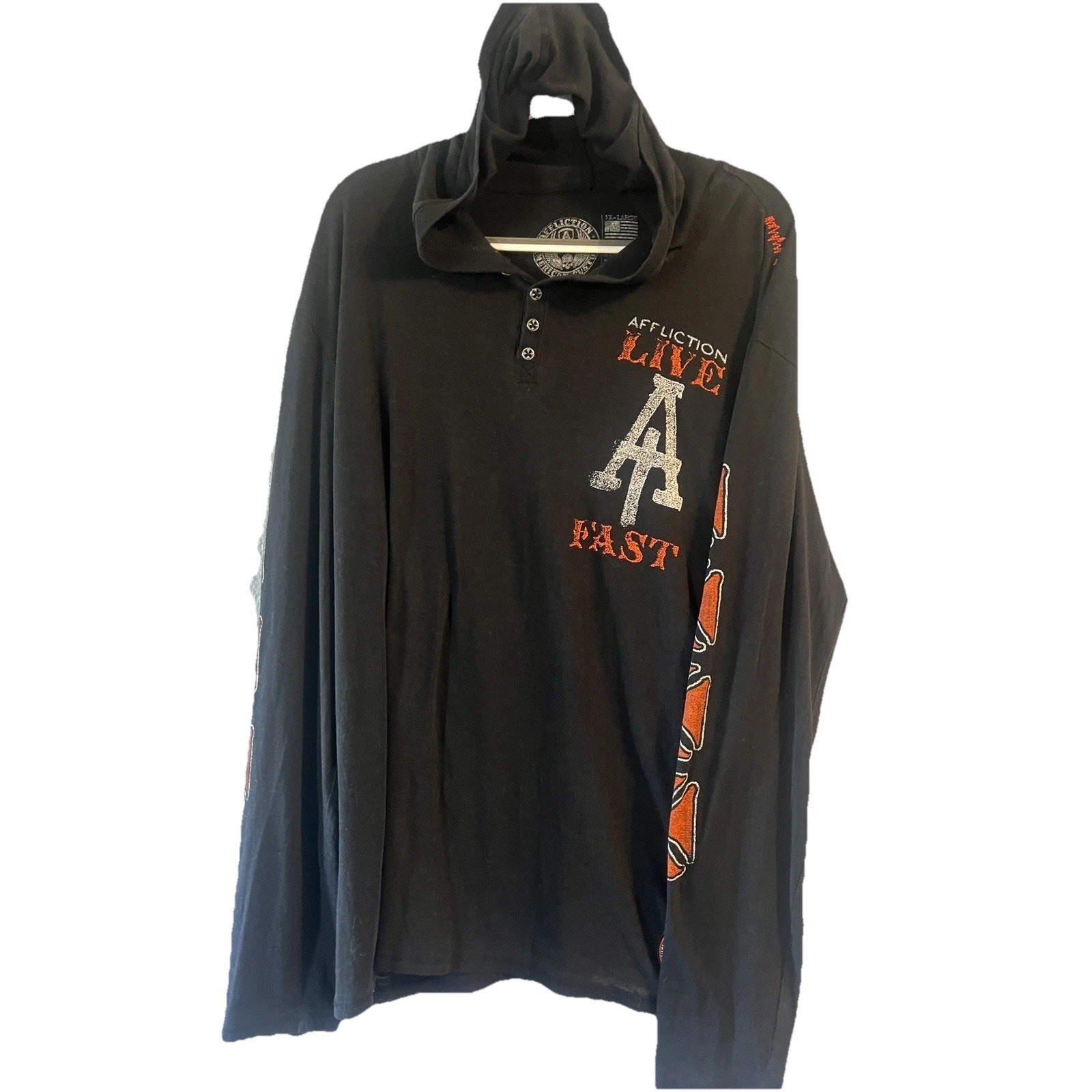 Affliction Live Fast Hooded Henley Shirt XL Skull Cross Wings Biker Goth Y2K gallery