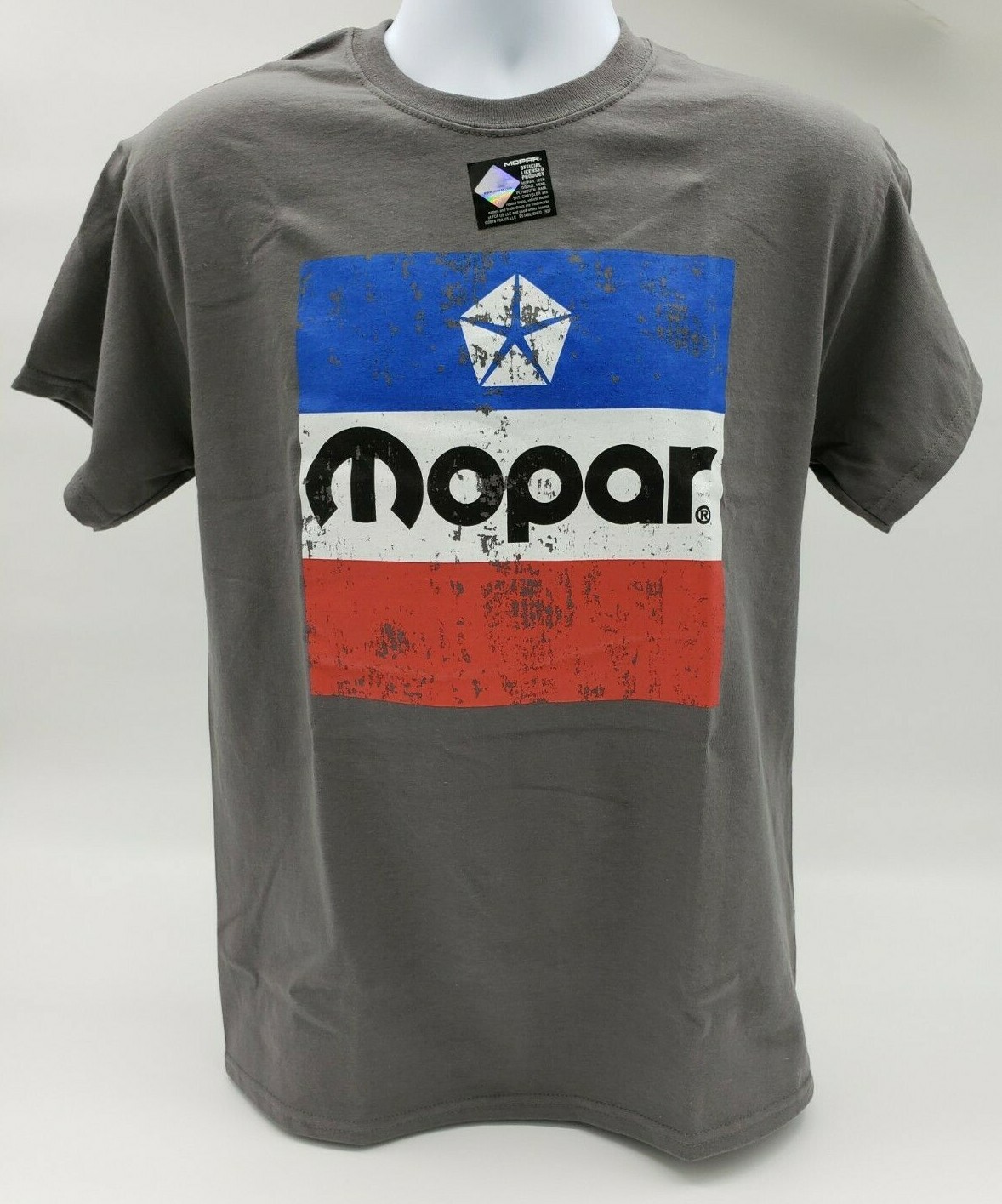 Gray T-Shirt w/ Large Red White & Blue 1972 Mopar Emblem / Logo On Front gallery