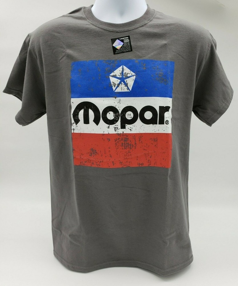 Gray T-Shirt w/ Large Red White & Blue 1972 Mopar Emblem / Logo On Front