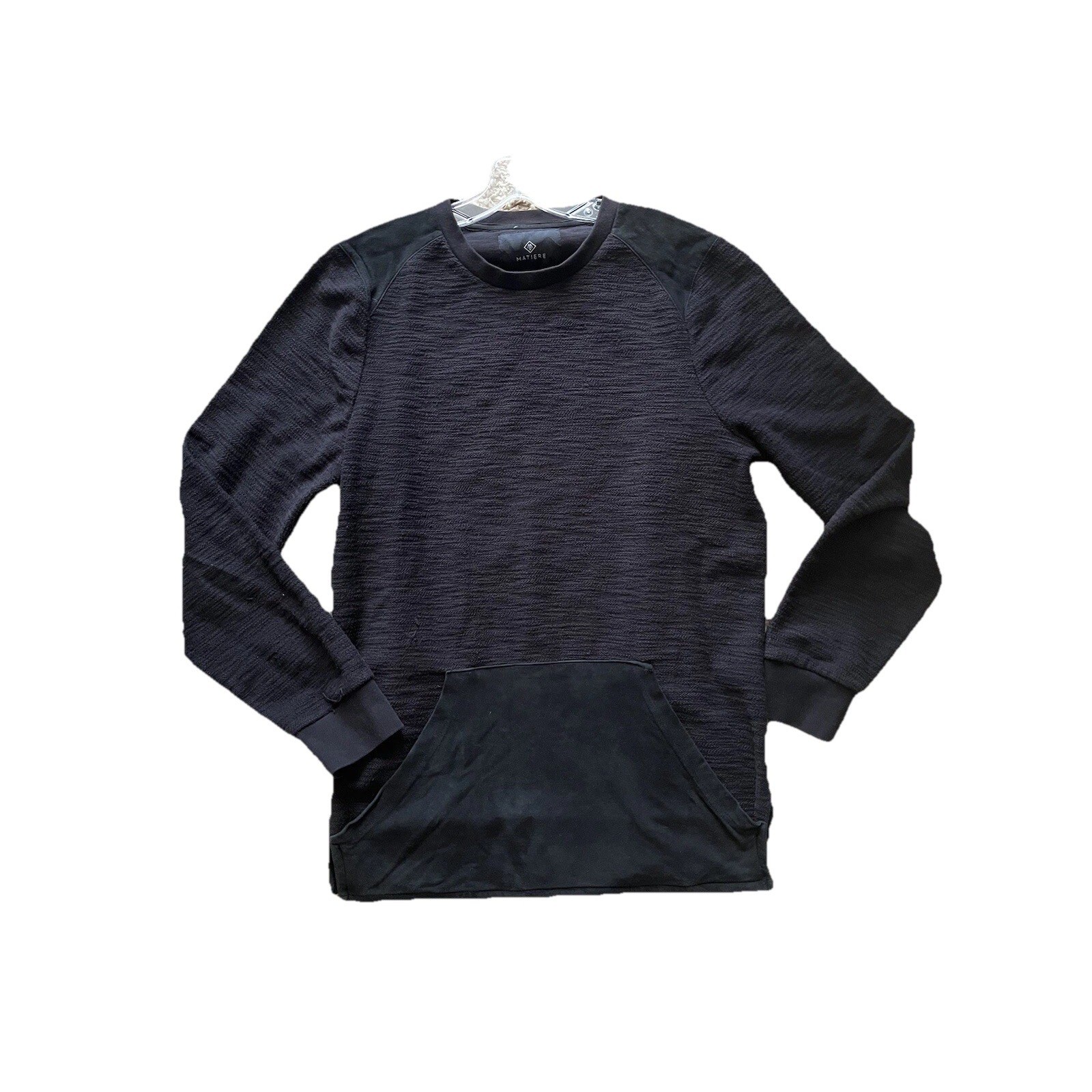 Matiere Men's LG Long Sleeve Crew Neck Black textured Shirt kangaroo pocket gallery