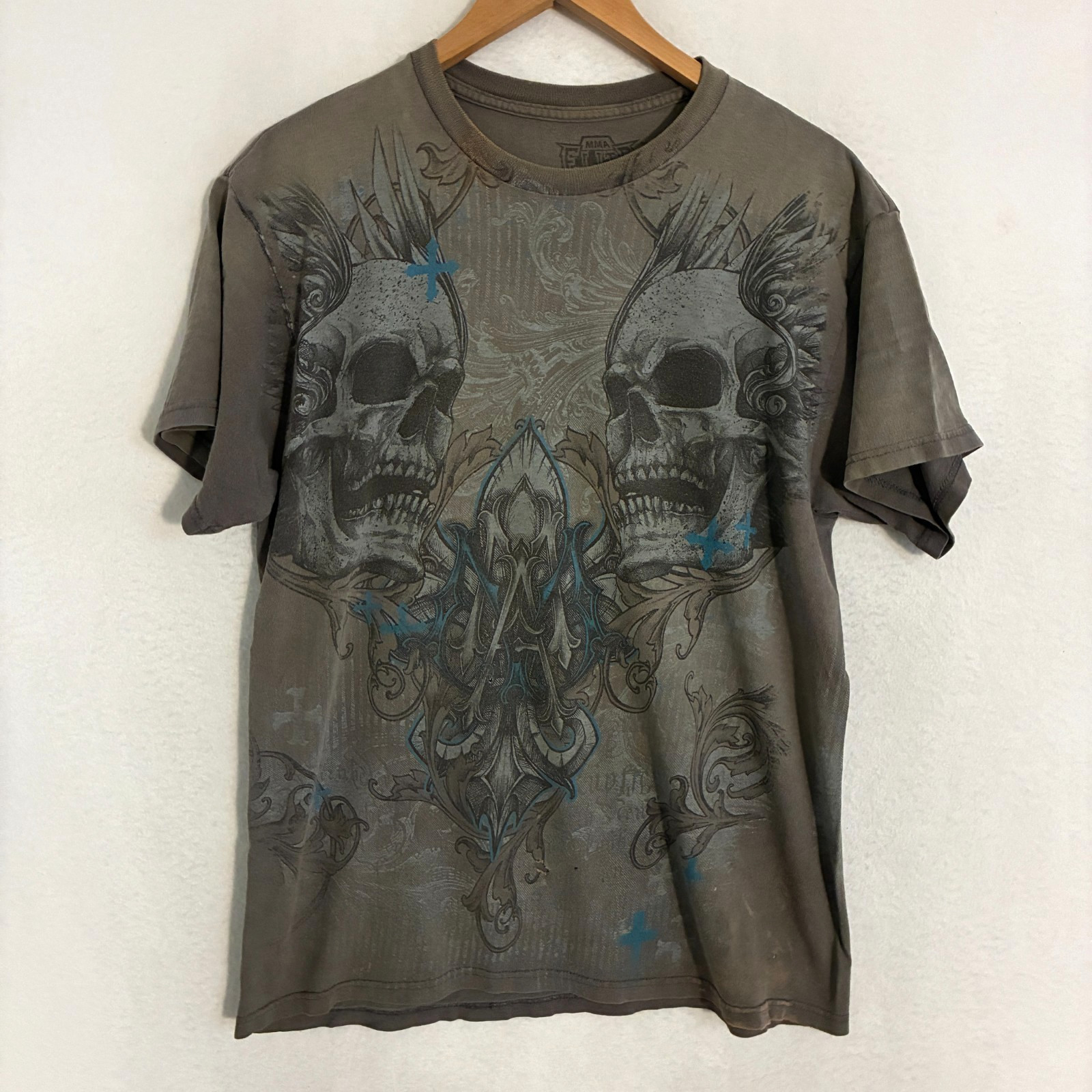 Vtg Y2K MMA Elite Shirt Mens L Grunge Skulls Cross Tattoo UFC Distressed Tee