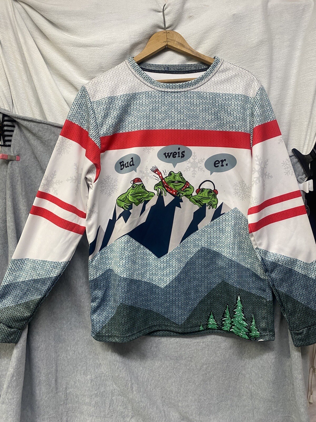 Vintage Budweiser 3 Frogs Long Sleeve Shirt Size L “Bud-Weis-er” Christmas