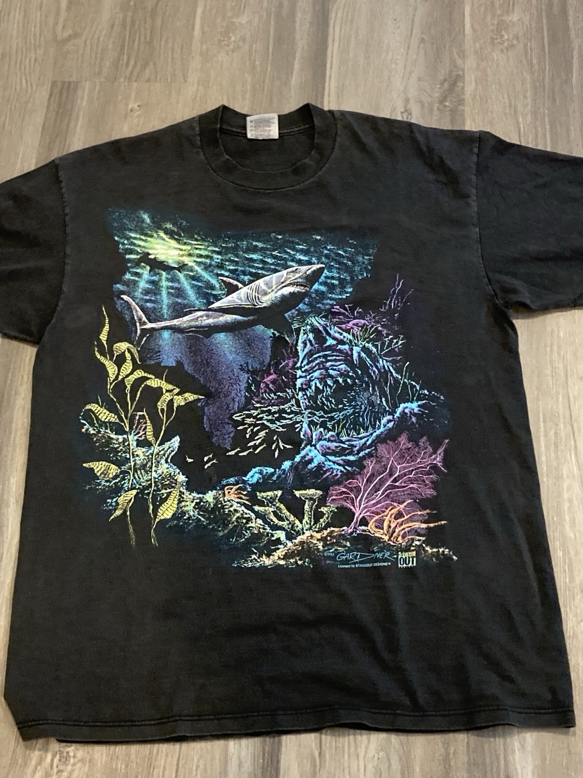 Vintage Stand Out Shirt Mens Large Black Shark Ocean Underwater Graphic 1993 USA