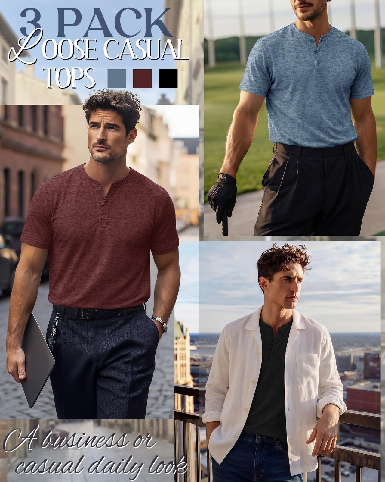 Ficerd 3 Pack Men's Big and Tall Henley T-Shirts Short Sleeve Plus Size Tee 4XL gallery