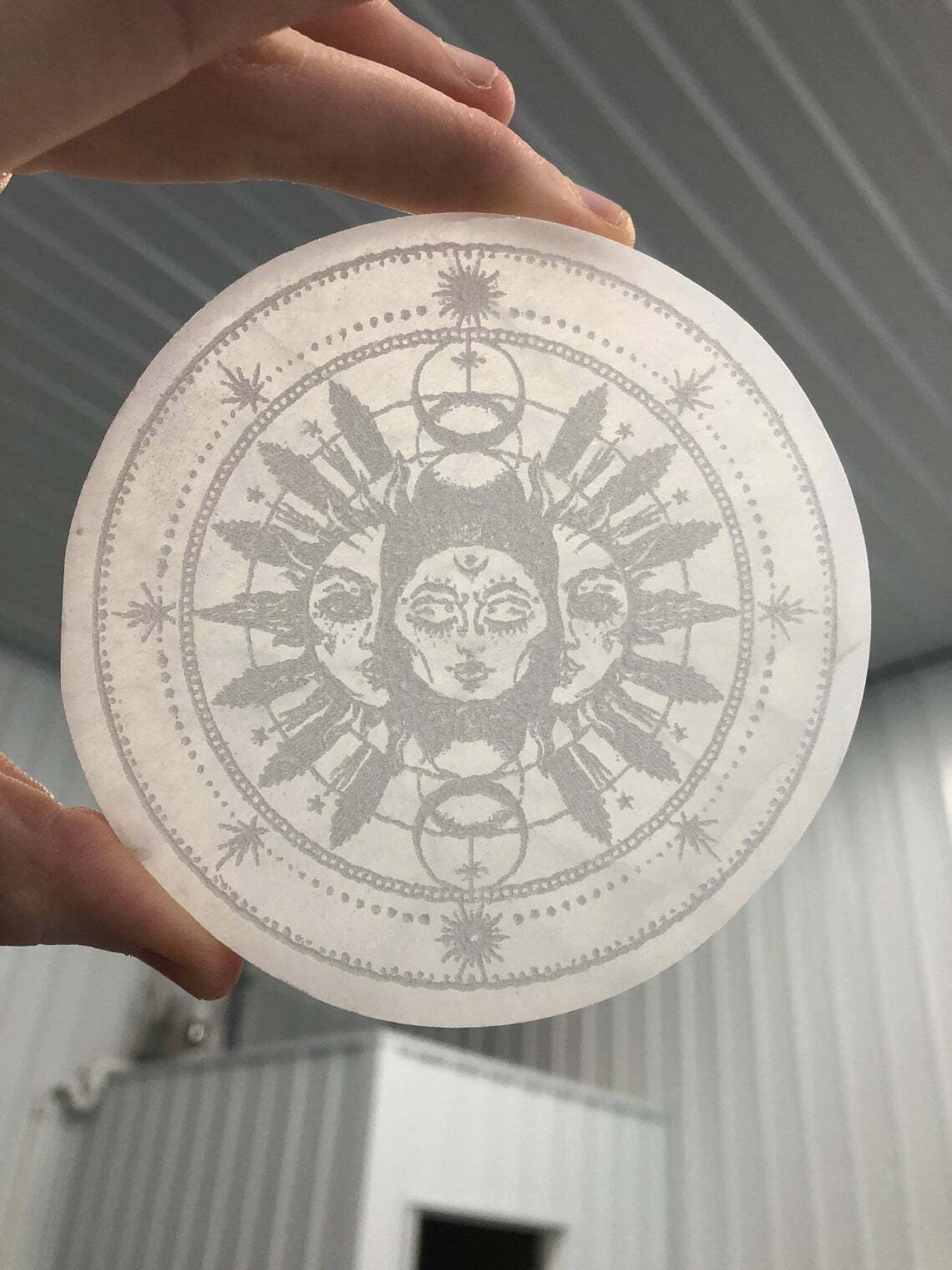 Etched Selenite Charging plate, Etched Sunburst design with a  ~3″ Diameter