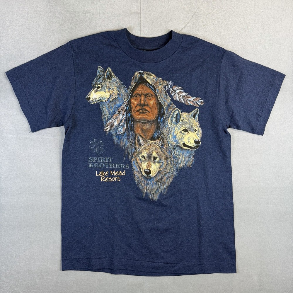VTG 90s Native American Indian Wolf T Shirt Mens Medium Hef-T Single Stitch USA
