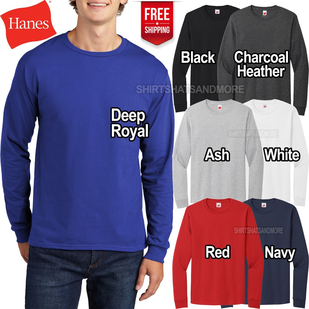 Mens Hanes 5 oz. 100% Cotton Long Sleeve Tee Classic Fit T-Shirt S-3XL NEW!