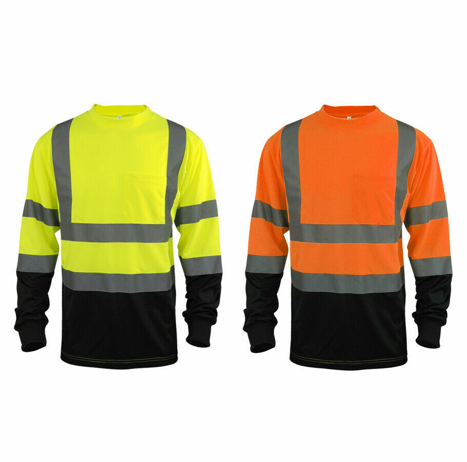 Hi Vis Safety T Shirt ANSI Class 3 Long Sleeve Reflective Tape with Black Bottom