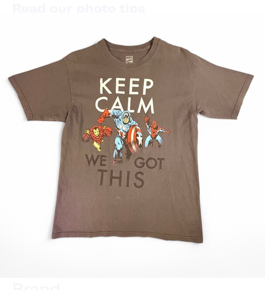MARVEL KEEP CALM T-SHIRT, SIZE M, CHEST 37 IN, LENGTH 27 IN * See flaw In photo