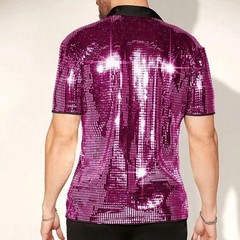 Men’s Silver Metallic Sequins Glitter Shirt Summer Breathable Sparkling Short Sl