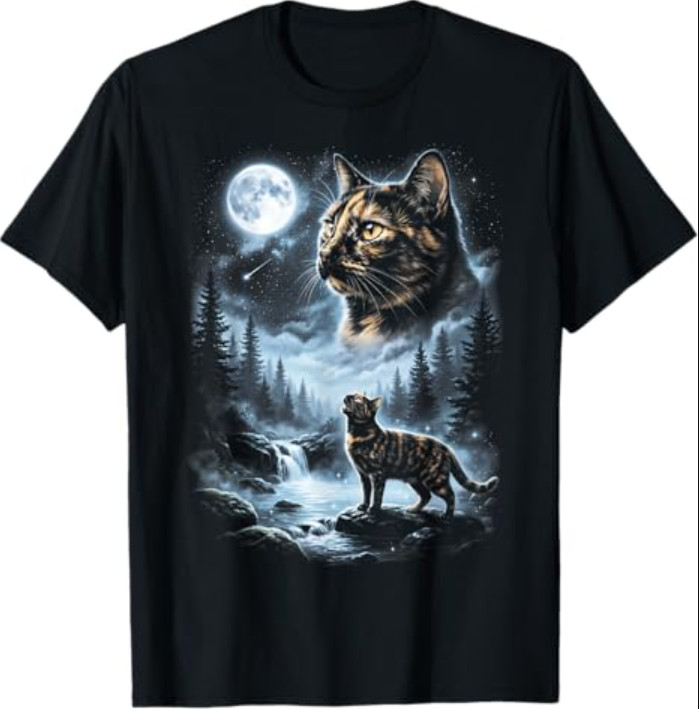 Tortoiseshell Cat Howling at Moon 90's Retro T-Shirt gallery