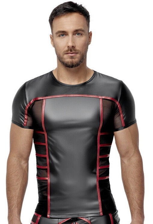 Mens Shirt With Red Stripes In Black Wet Look With Mesh Inserts At The Sides gallery