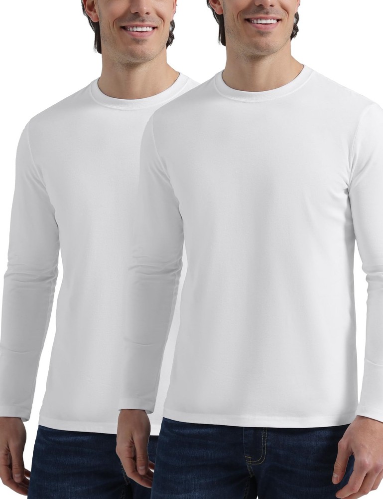 Men’s 2 Pack Long Sleeve Soft Casual Cotton Crew Neck Shirts (White, Large)