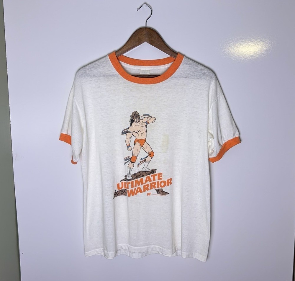 Vtg 80s 1987 WWF Ultimate Warrior Wrestling Ringer T-Shirt Size XL