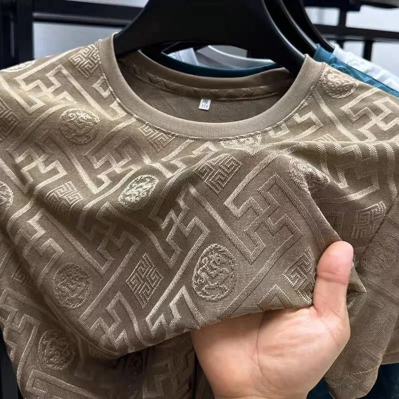 New Men’s Jacquard T-Shirt Casual Short Sleeve Round Neck Breathable Fashion TOP gallery