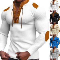 Cross-border new men’s waffle color matching strap V-neck top casual.
