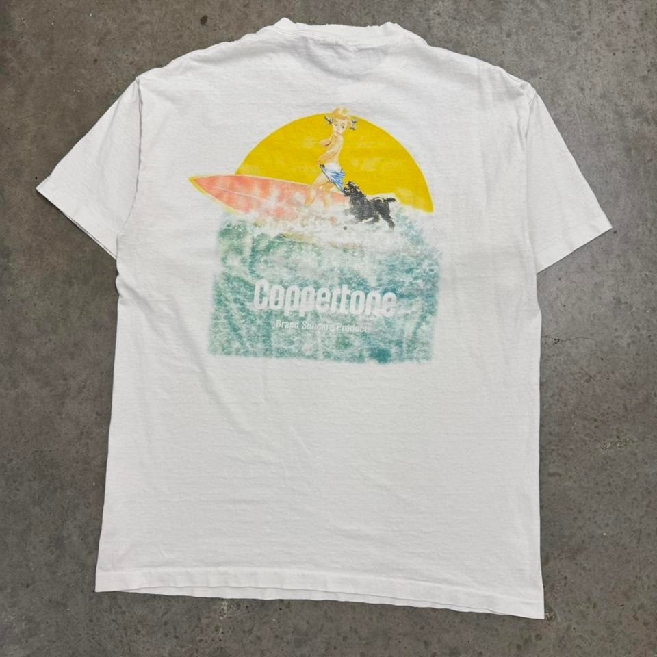 Vintage 90s Coppertone Sunscreen T-shirt Beach Surf Surfing White Mens XL gallery