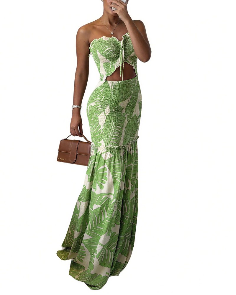 Floral Printed Prom Dress Drawstring Ruched Shirred Bandeau Party Dress Slim …