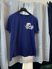 #346 Skully Blue T-shirt Size L Skull Holding Coffee Mug