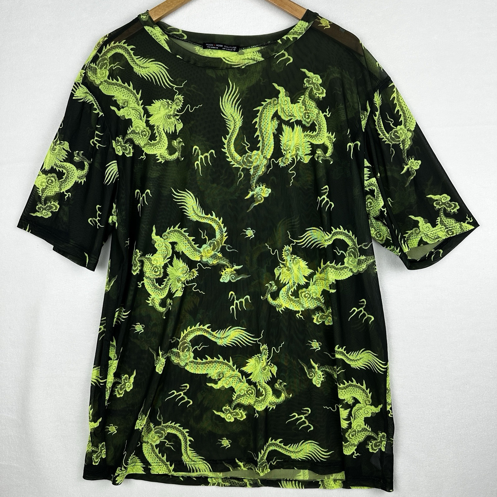 Rock Rose Couture Shirt Mens Medium See Through Mesh Dragon Print Lime Green Blk gallery
