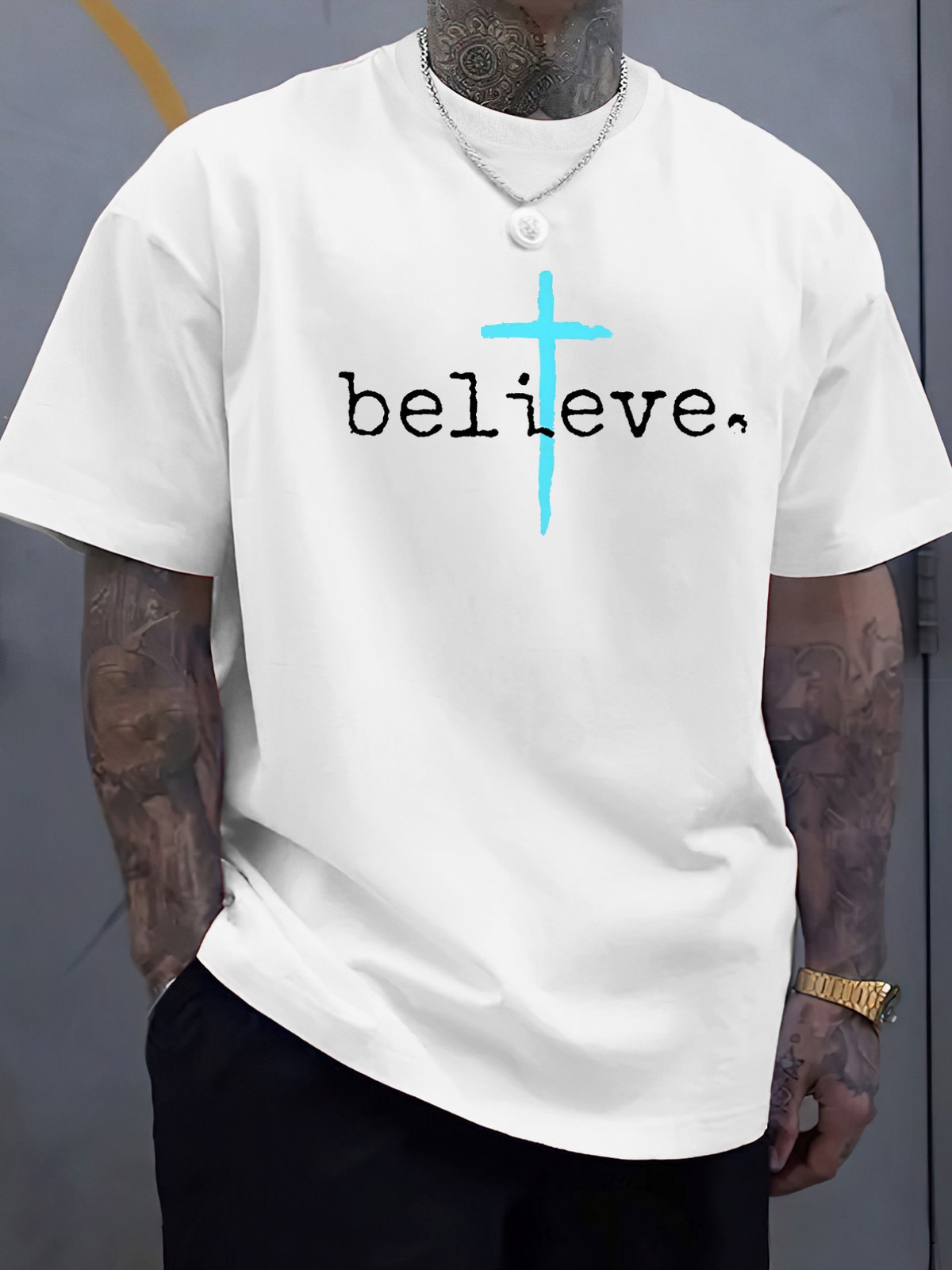 Believe Cross Graphic Men's T-Shirt - Soft, Casual Round Neck, Ribbed Collar, gallery