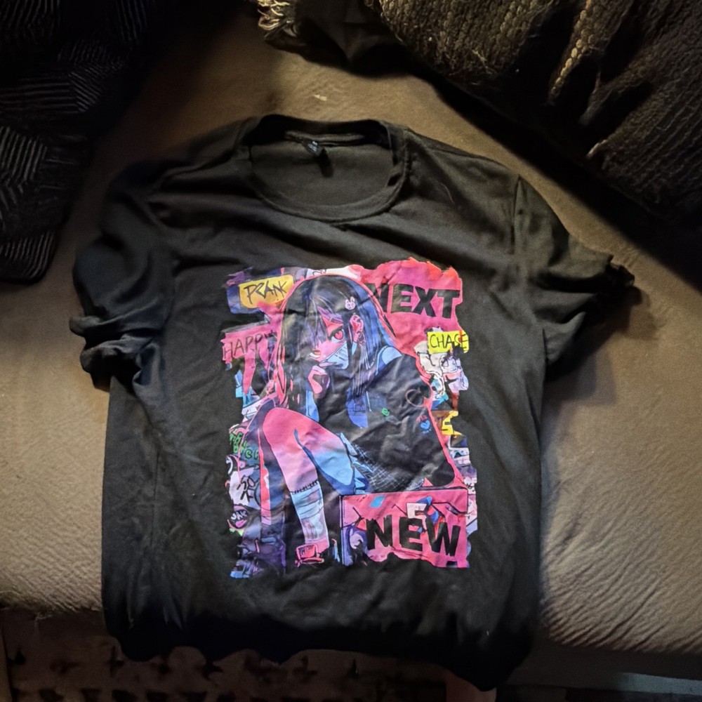 ROMWE Men’s M Black Anime Graphic Print Crew Neck Short Sleeve T-Shirt Regular