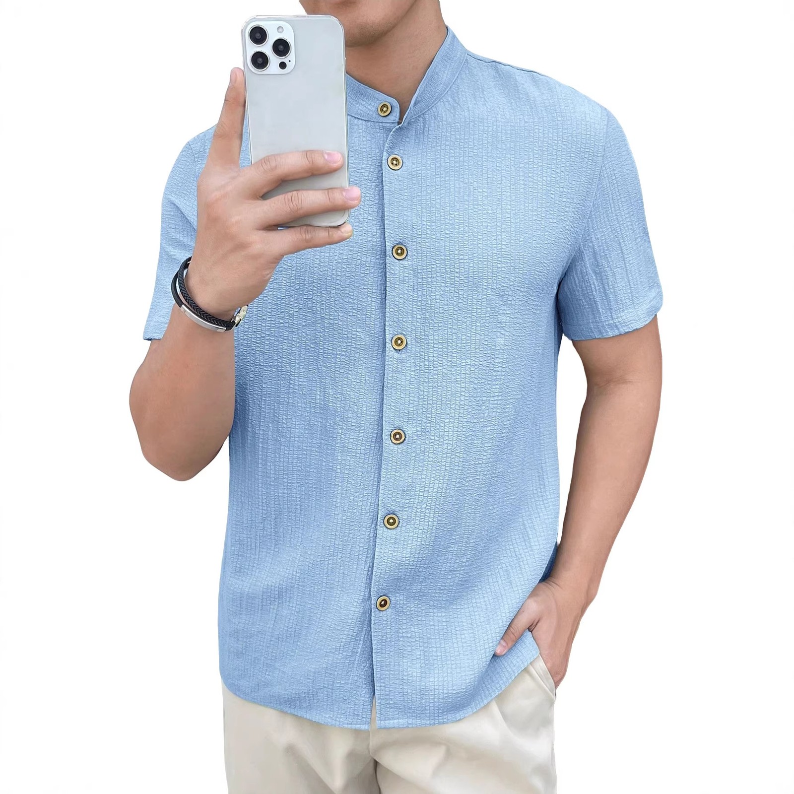 Men's Stand Collar Textured Short Sleeve Button-Down Casual Summer Shirt gallery