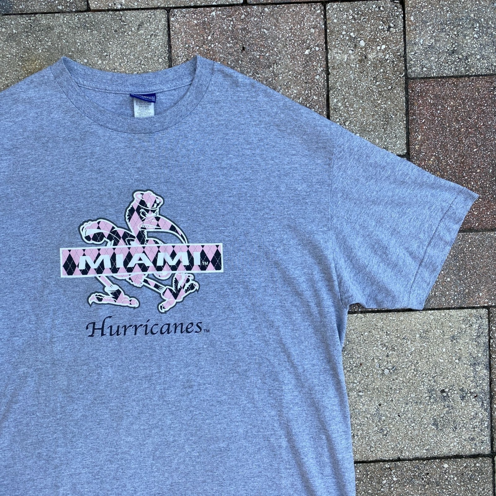 Champs Sports MIAMI HURRICANES Pink Logo Grey T Shirt Size Large Vintage Style gallery