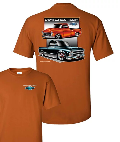 Chevy C10 T-Shirt – Orange w/ 2 Classic Trucks & Bowtie Emblem