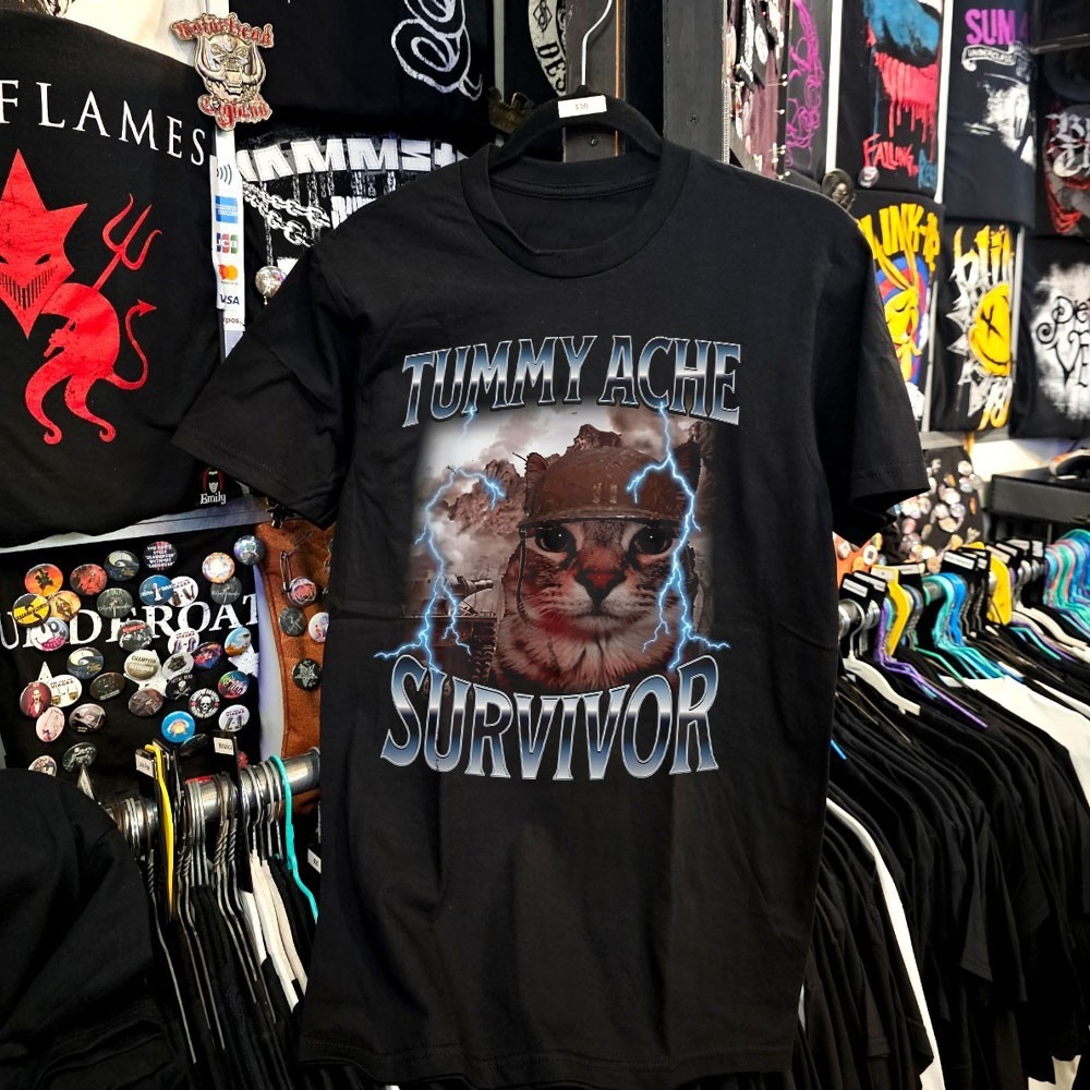 Tummy Ache Survivor T-Shirt Funny Cat Meme Soldier Graphic Vintage Heavy Metal gallery