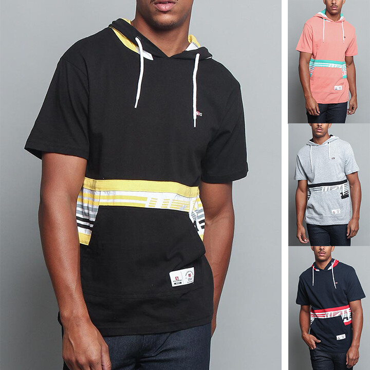 Men’s Short Sleeve Racing Stripes Cotton Kangaroo Pocket Hoodie T-Shirt